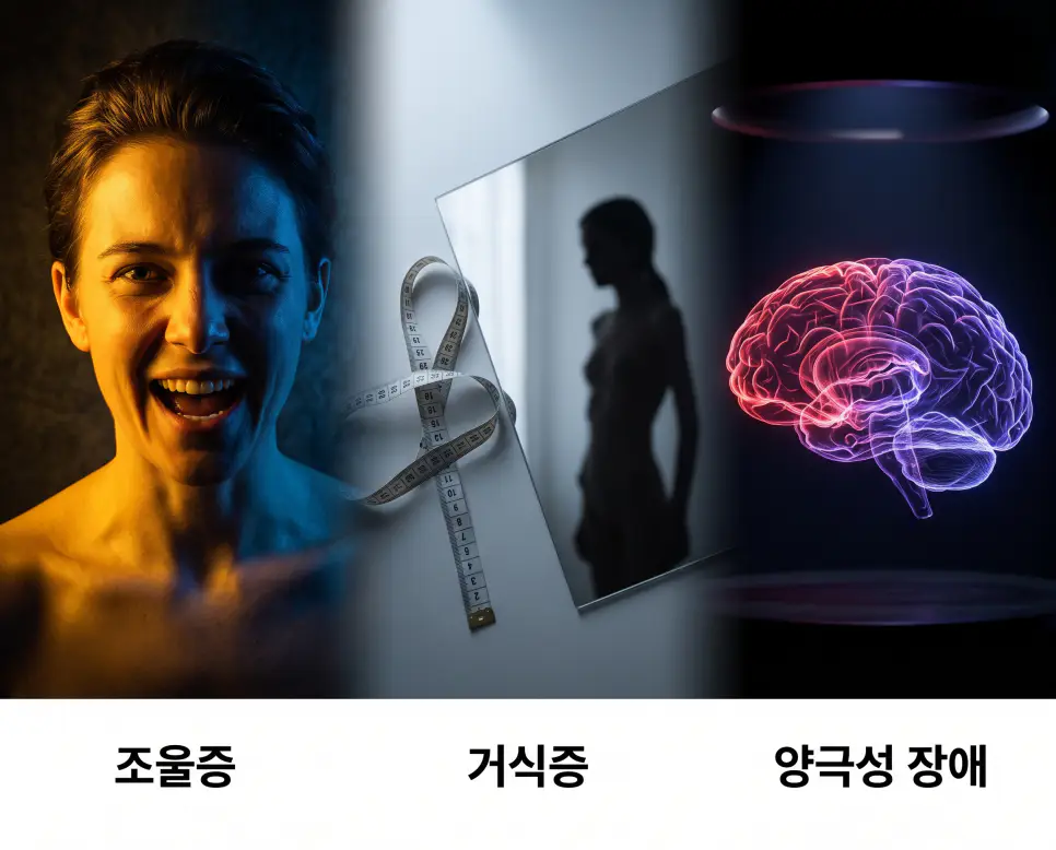 감정 대비를 나타낸 키워드 "조울증" 분할 조명 인물, 신체 왜곡을 나타낸 키워드 "거식증" 거울과 줄자 풍경, 그리고 신경 신호 분열을 상징하는 키워드 "양극성 장애" 뇌 홀로그램 풍경을 하나의 파노라마 스타일로 담은 극실사 포스터