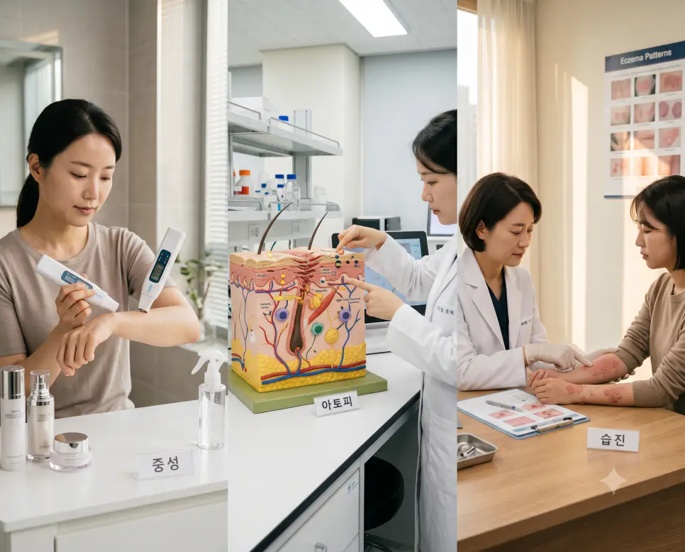 유수분 밸런스를 나타낸 키워드 "중성" 측청 풍경, 피부 장벽 손상을 나타낸 키워드 "아토피" 모형 풍경, 그리고 피부 염증 진찰을 상징하는 키워드 "습진" 진료 풍경을 하나의 파노라마 스타일로 담은 극실사 포스터