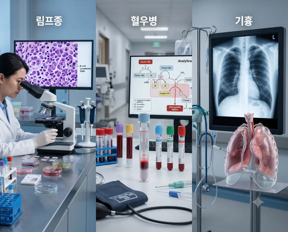 림프종 림프구 분석 화면, 혈우병 혈액 응고 검사 도구, 기흉 흉부 방사선 사진을 하나의 파노라마 구도로 구성한 극실사 의학 포스터
