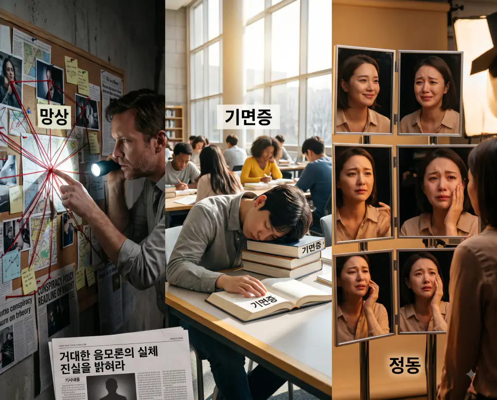 거짓 확신을 나타낸 키워드 "망상" 수사 보드 풍경, 주간 수면 발작을 나타낸 키워드 "기면증" 도서관 풍경, 그리고 감정 표출을 상징하는 키워드 "정동" 표정 분석 거울 풍경을 하나의 파노라마 스타일로 담은 극실사 포스터