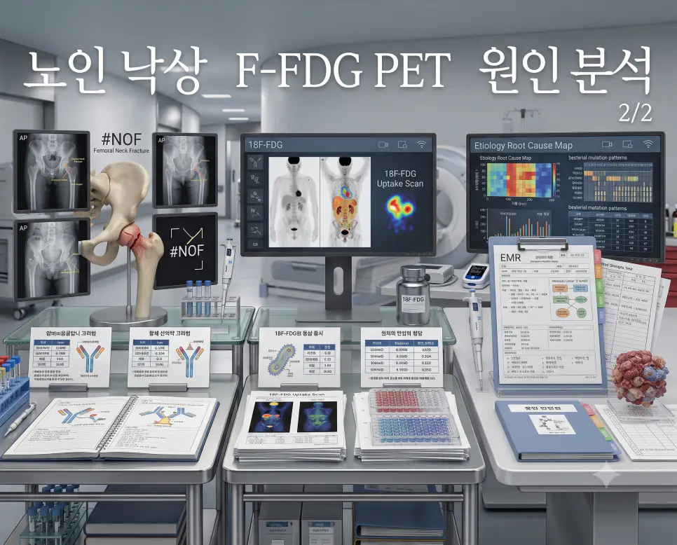 #NOF 대퇴골 골절 모형, 18F-FDG PET-CT 모니터, 2/2 임상 의무기록 차트를 하나의 파노라마 구도로 구성한 극실사 의학 약어 포스터