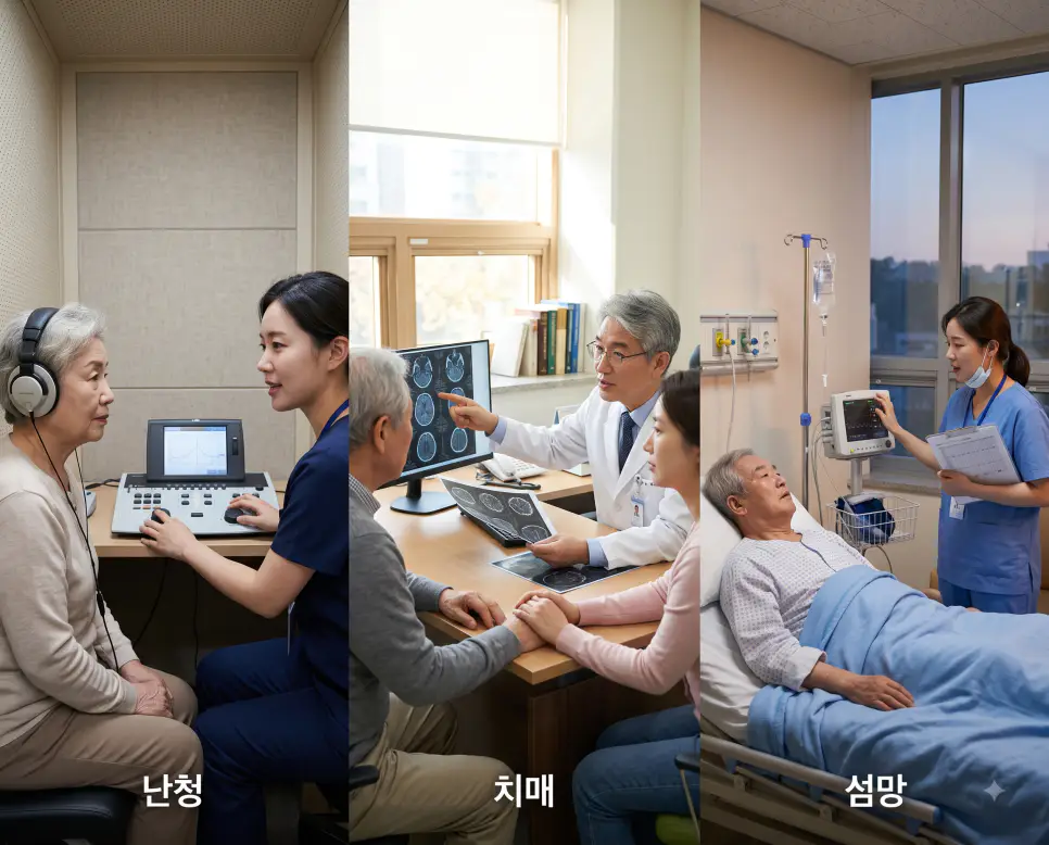 청력 검사를 나타낸 키워드 "난청" 검사실 풍경, 인지 기능 진단을 나타낸 키워드 "치매" 상담실 풍경, 그리고 급성 뇌 증후군 케어를 상징하는 키워드 "섬망" 병실 풍경을 하나의 파노라마 스타일로 담은 극실사 포스터