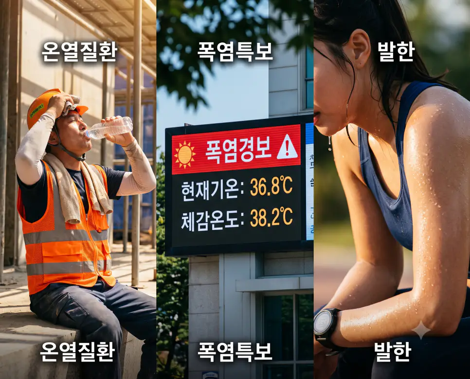 야외 노출 상황을 나타낸 키워드 "온열질환" 작업자 풍경, 경보 수치를 나타낸 키워드 "폭염특보" 스크린 풍경, 그리고 땀 배출을 상징하는 키워드 "발한" 피부 땀방울 풍경을 하나의 파노라마 스타일로 담은 극실사 포스터