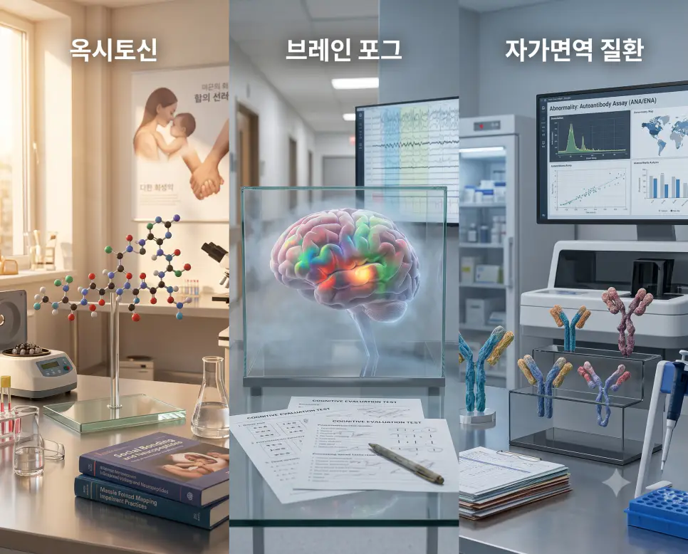 옥시토신 분자 모형, 브레인 포그 뇌 인지 모형, 자가면역 질환 항체 분석 화면을 하나의 파노라마 구도로 구성한 극실사 의학 과학 포스터