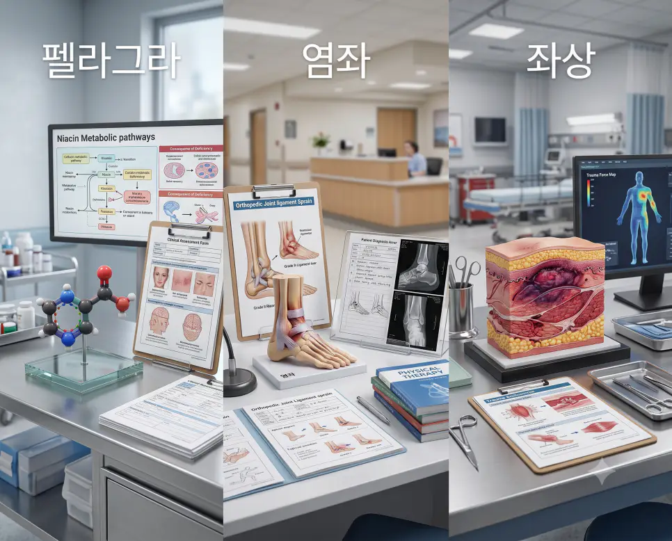 펠라그라 나이아신 모형, 염좌 관절 인대 모형, 좌상 피하 손상 도표를 하나의 파노라마 구도로 구성한 극실사 의학 포스터