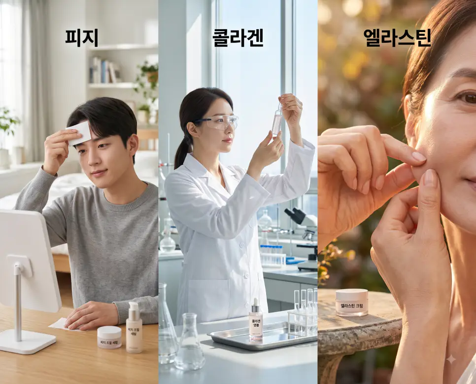유분 밸런스를 나타낸 키워드 "피지" 세면대 풍경, 성분 연구를 나타낸 키워드 "콜라겐" 바이오랩 풍경, 그리고 탄력 복원력을 상징하는 키워드 "엘라스틴" 피부 클로즈업 풍경을 하나의 파노라마 스타일로 담은 극실사 포스터