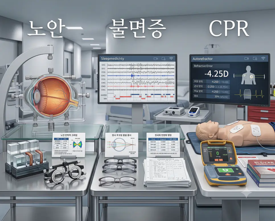노안 안구 수정체 모형, 불면증 수면다원검사 모니터, CPR 심폐소생술 마네킹을 하나의 파노라마 구도로 구성한 극실사 의학 포스터