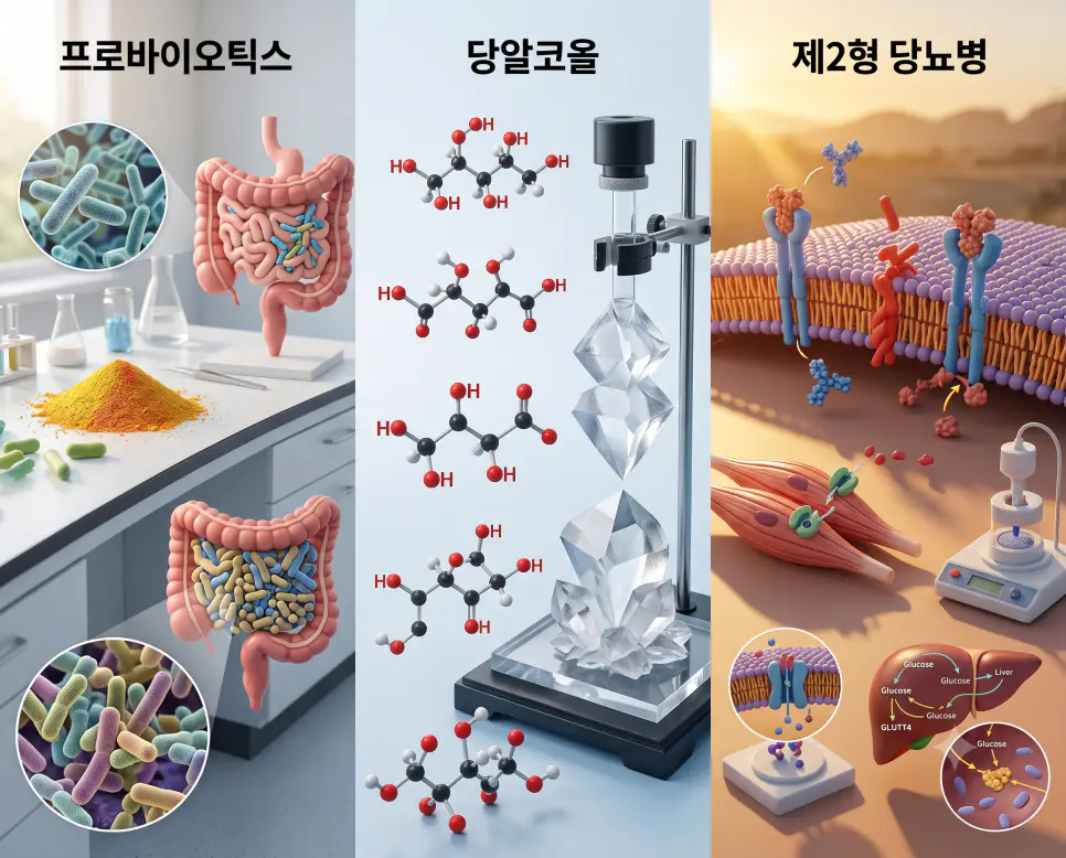 유익균 모형을 나타낸 키워드 "프로바이오틱스" 생태계 풍경, 결정체 구성을 나타낸 키워드 "당알코올" 분자 풍경, 그리고 세포 저항성을 상징하는 키워드 "제2형 당뇨병" 대사 모형 풍경을 하나의 파노라마 스타일로 담은 극실사 포스터
