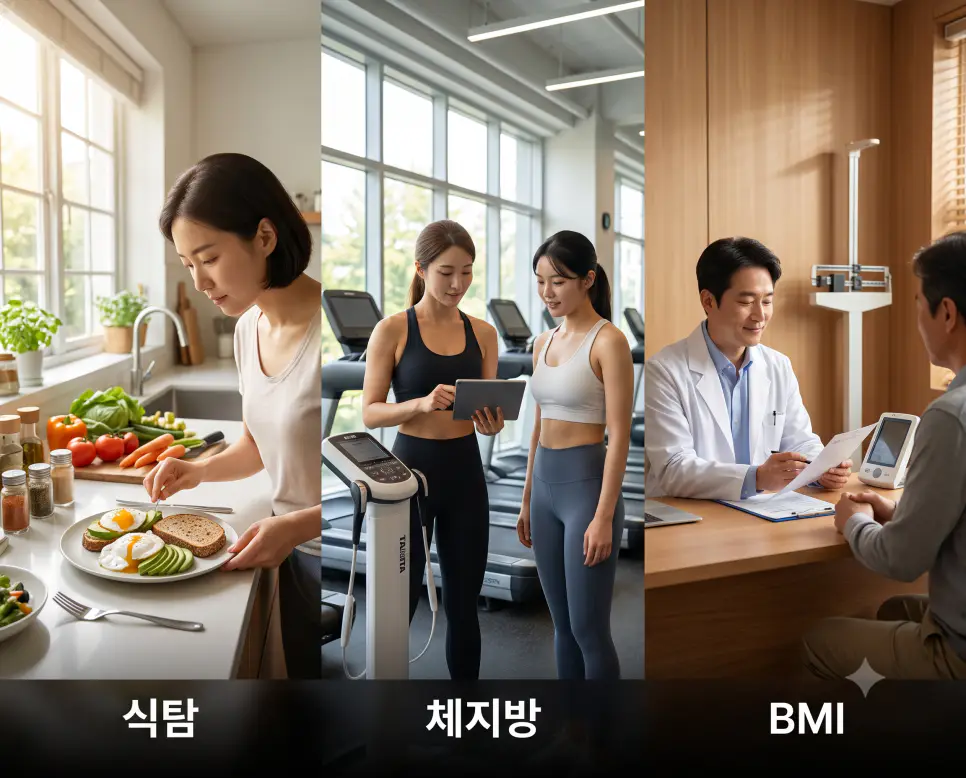 식탐 조절을 나타낸 키워드 "식탐" 식탁 풍경, 체성분 분석을 나타낸 키워드 "체지방" 헬스장 풍경, 그리고 체질량 지수를 상징하는 키워드 "BMI" 진료실 풍경을 하나의 파노라마 스타일로 담은 극실사 포스터