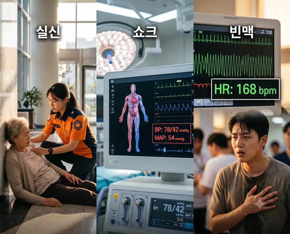 의식 소실 상황을 나타낸 키워드 "실신" 맥박 확인 풍경, 순환 마비를 나타낸 키워드 "쇼크" 장기 관류 모형 풍경, 그리고 빠른 심박을 상징하는 키워드 "빈맥" ECG 스크린 풍경을 하나의 파노라마 스타일로 담은 극실사 포스터
