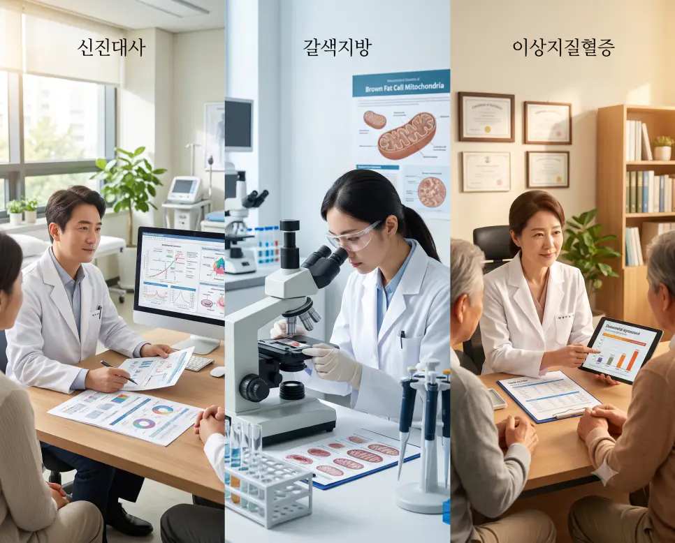 생화학 반응을 나타낸 키워드 "신진대사" 진료실 풍경, 열량 소모 조직을 나타낸 키워드 "갈색지방" 연구실 풍경, 그리고 혈관 대사 이상을 상징하는 키워드 "이상지질혈증" 상담 풍경을 하나의 파노라마 스타일로 담은 극실사 포스터