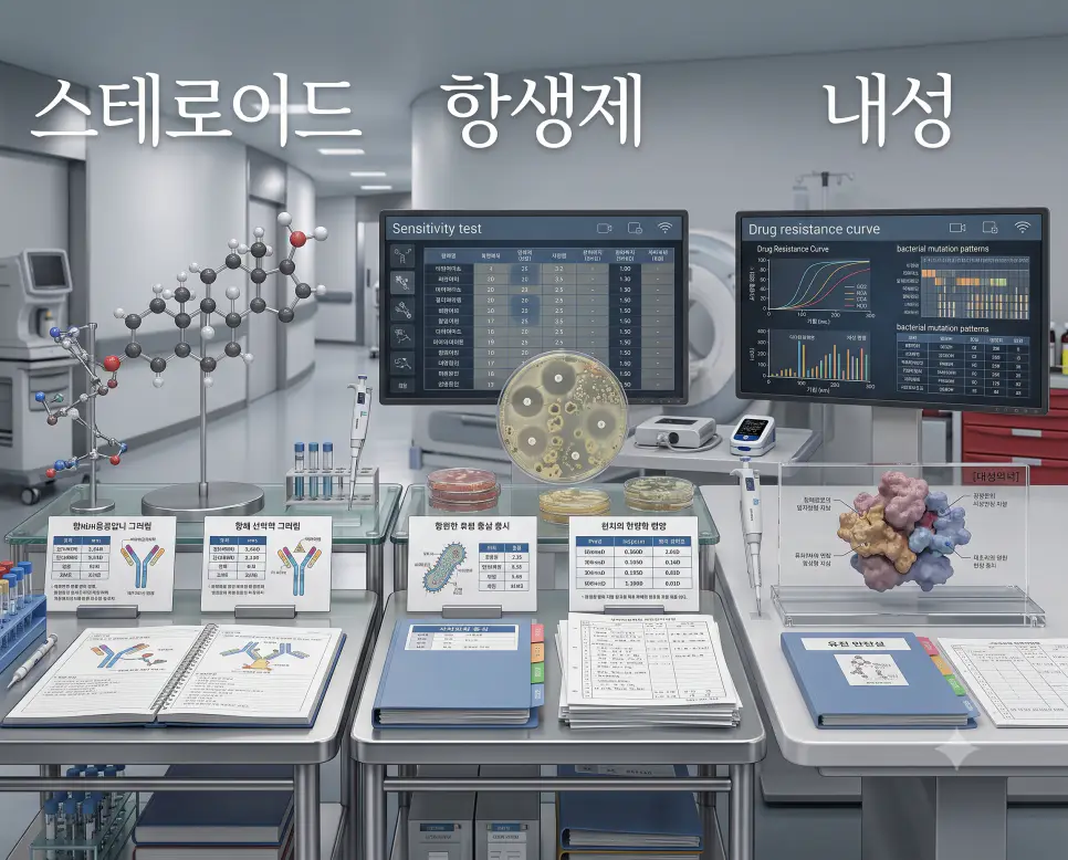 스테로이드 분자 구조 모형, 항생제 세균 억제환 배양 접시, 약물 내성 분석 모니터를 하나의 파노라마 구도로 구성한 극실사 약리학 포스터