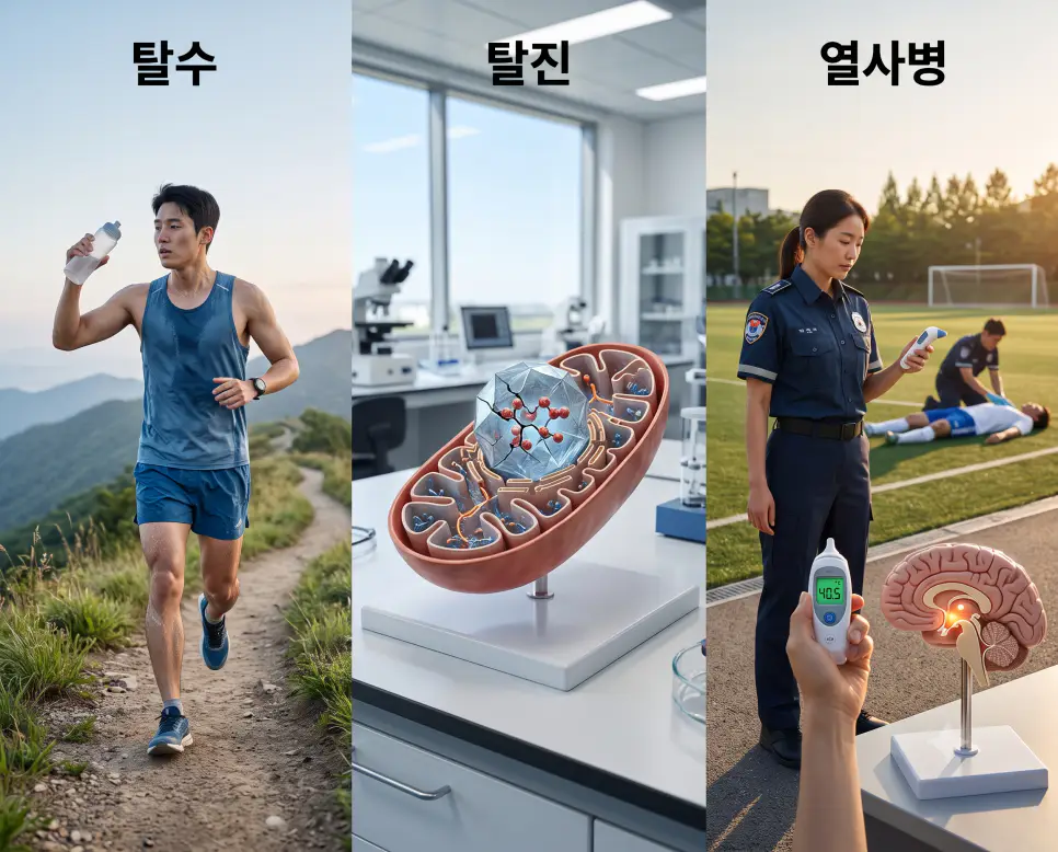 수분 보충 상황을 나타낸 키워드 "탈수" 러너 풍경, 에너지 고갈을 나타낸 키워드 "탈진" 대사 모형 풍경, 그리고 체온 응급 처치를 상징하는 키워드 "열사병" 응급 현장 풍경을 하나의 파노라마 스타일로 담은 극실사 포스터