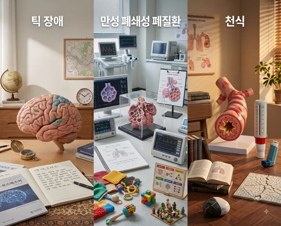 신경 전달 경로 이상을 나타낸 키워드 "틱 장애" 모형 풍경, 진행성 폐 손상을 나타낸 키워드 "만성 폐쇄성 폐질환" 기능 모니터 풍경, 그리고 가역적 기도 협착을 상징하는 키워드 "천식" 기도 모형 풍경을 하나의 파노라마 스타일로 담은 극실사 포스터