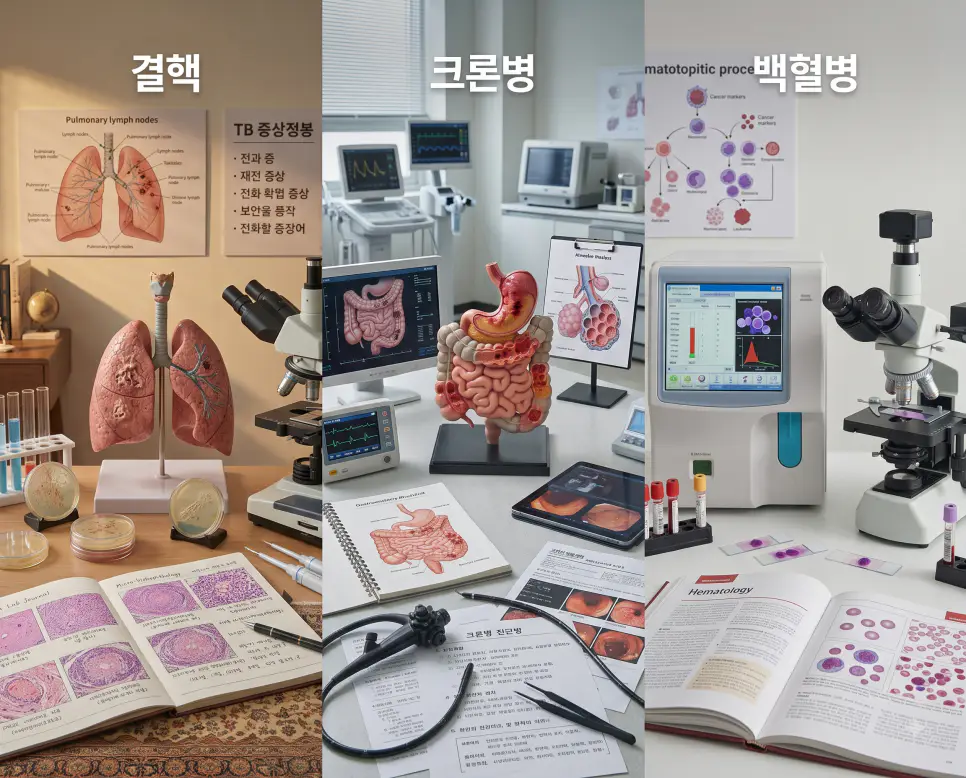 결핵 연구 현미경 풍경, 크론병 진단 다이어그램 풍경, 그리고 백혈병 세포 분석 모니터 풍경을 하나의 파노라마 스타일로 담은 의학 포스터