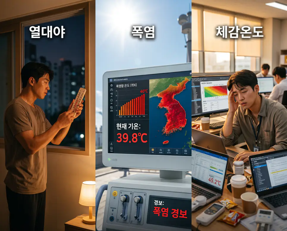 야간 더위를 나타낸 키워드 "열대야" 창가 풍경, 고온 경보를 나타낸 키워드 "폭염" 모니터 풍경, 그리고 피부 체감 지수를 상징하는 키워드 "체감온도" 측정 풍경을 하나의 파노라마 스타일로 담은 극실사 포스터
