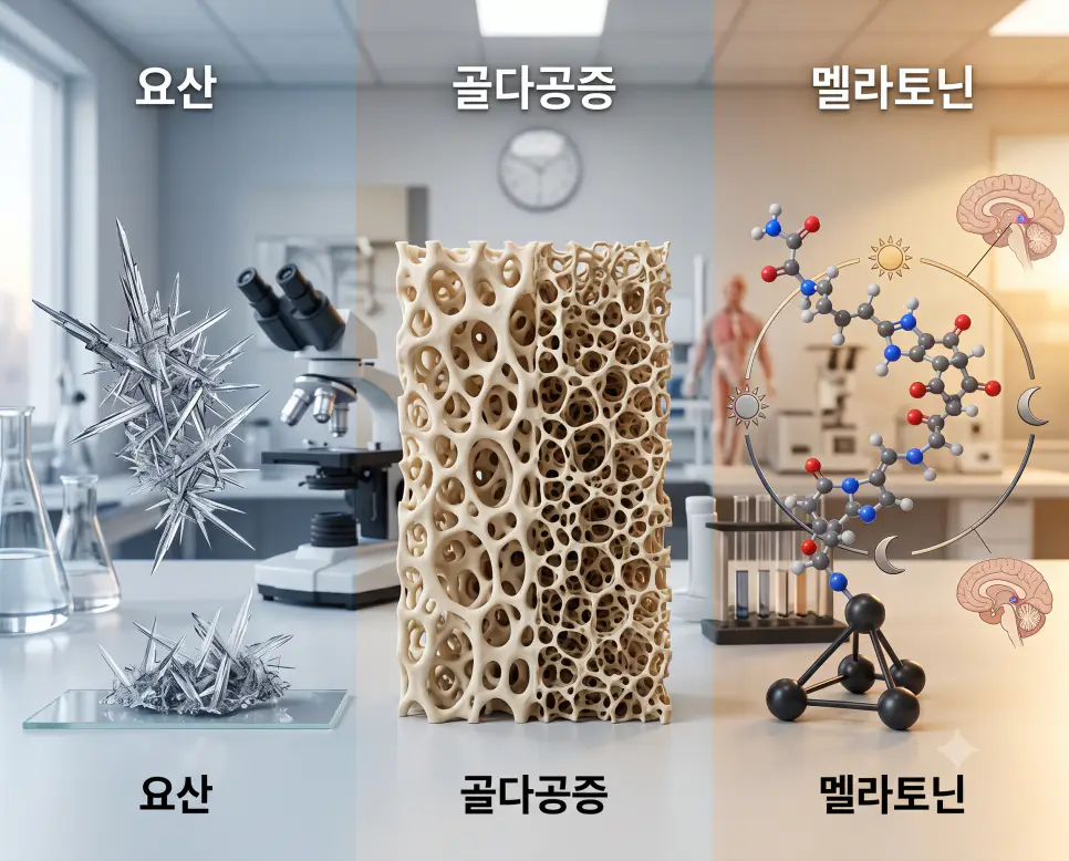 대사 결정을 나타낸 키워드 "요산" 결정 모형 풍경, 골밀도 저하를 나타낸 키워드 "골다공증" 뼈 조직 모형 풍경, 그리고 수면 호르몬을 상징하는 키워드 "멜라토닌" 분자 모형 풍경을 하나의 파노라마 스타일로 담은 극실사 포스터