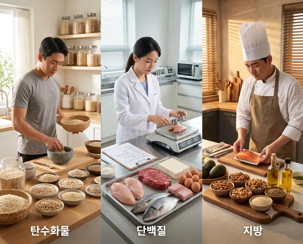 일차 에너지원을 나타낸 키워드 "탄수화물" 주방 풍경, 신체 구성 성분을 나타낸 키워드 "단백질" 영양 연구실 풍경, 그리고 저장 열량원을 상징하는 키워드 "지방" 식재료 풍경을 하나의 파노라마 스타일로 담은 극실사 포스터