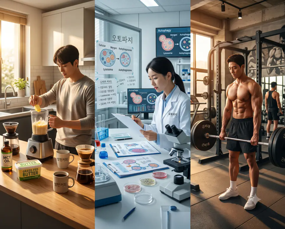 고지방 에너지 음료를 나타낸 키워드 "방탄커피" 주방 풍경, 세포 정화 메커니즘을 나타낸 키워드 "오토파지" 연구실 풍경, 그리고 근육 성장을 상징하는 키워드 "근비대" 피트니스 센터 풍경을 하나의 파노라마 스타일로 담은 극실사 포스터