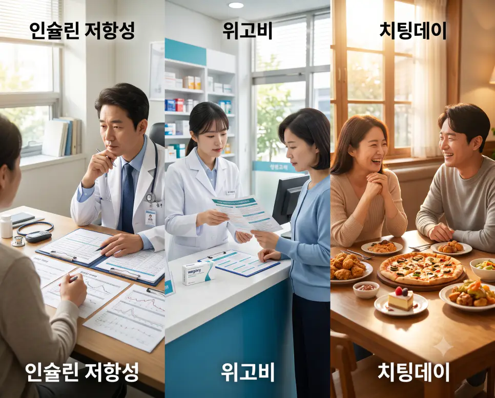 대사 마비 원인을 나타낸 키워드 "인슐린 저항성" 진료실 풍경, 체중 관리를 나타낸 키워드 "위고비" 약국 풍경, 그리고 호르몬 재충전을 상징하는 키워드 "치팅데이" 식사 풍경을 하나의 파노라마 스타일로 담은 극실사 포스터
