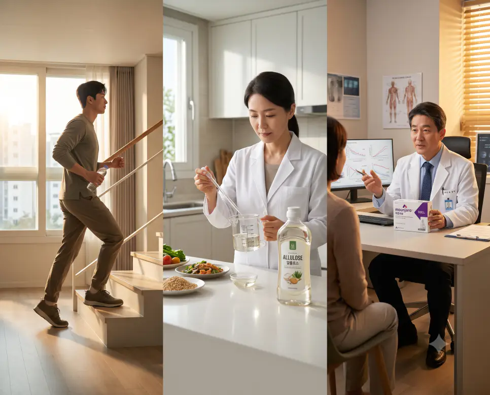 비운동성 열량 소비를 나타낸 키워드 "NEAT" 계단 활동 풍경, 대체 당 활용을 나타낸 키워드 "알룰로스" 조리 풍경, 그리고 차세대 비만 치료를 상징하는 키워드 "마운자로" 진료실 풍경을 하나의 파노라마 스타일로 담은 극실사 포스터