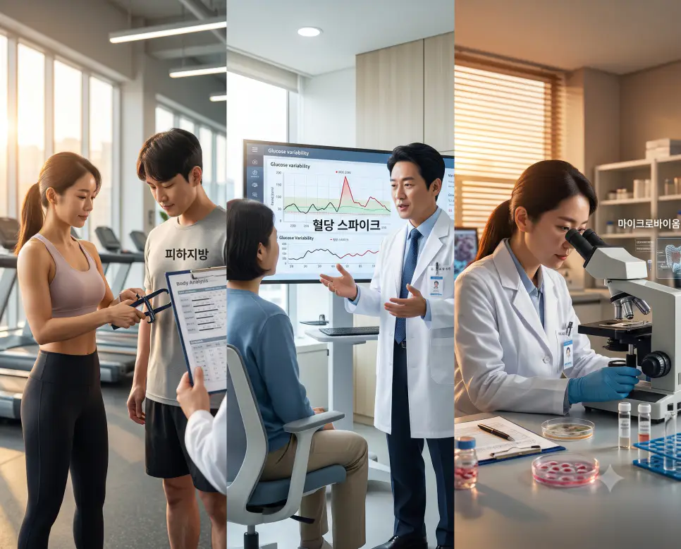 피부 아래 지방 조직을 나타낸 키워드 "피하지방" 상담실 풍경, 포도당 급변동을 나타낸 키워드 "혈당 스파이크" 진료실 풍경, 그리고 미생물 생태계를 상징하는 키워드 "마이크로바이옴" 연구실 풍경을 하나의 파노라마 스타일로 담은 극실사 포스터