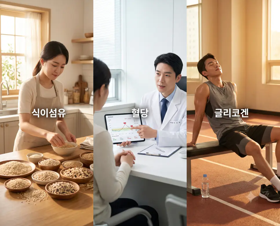 생체 저장 탄수화물인 글리코겐을 나타내기 위해, 오후 햇살이 비치는 훈련장 원목 벤치 표면에 "글리코겐" 한글이 새겨진 모습과 운동 후 휴식을 취하는 한국인 마라톤 선수의 모습을 담은 다큐멘터리 스타일의 극실사 이미지