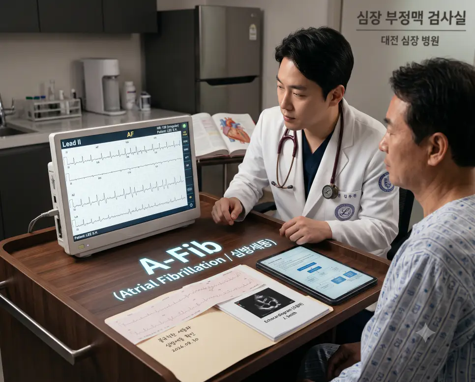 한국인 순환기내과 의사가 환자와 함께 심방세동 ECG 모니터를 확인하며 진료 카트에 "A-Fib (Atrial Fibrillation / 심방세동)" 텍스트가 선명하게 표시된 극실사 심장내과 임상 사진