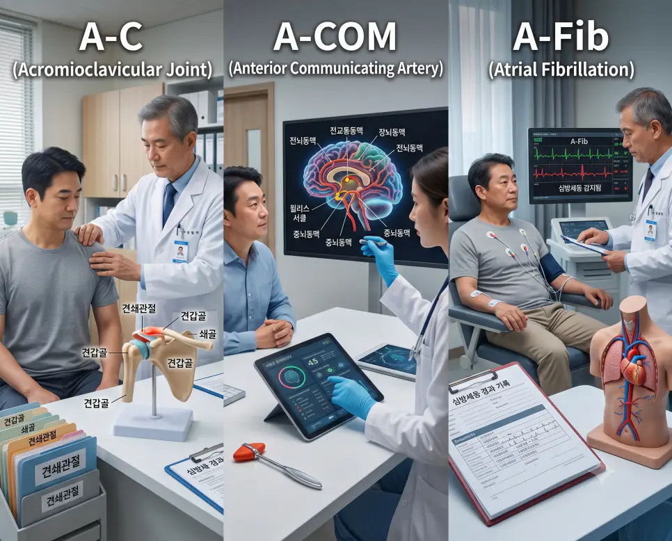한국인 정형외과 의사의 어깨 진찰, 신경외과 뇌혈관 조영 분석, 순환기내과 심방세동 ECG 판독을 3분할 파노라마 구도로 구성한 극실사 의학 약어 포스터