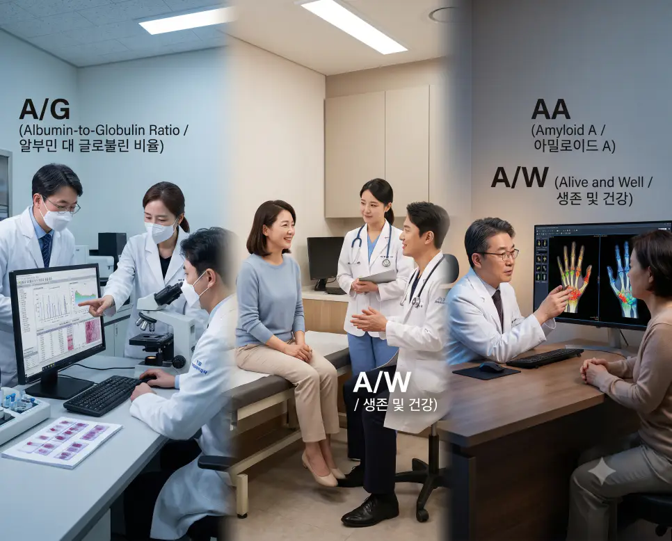 한국인 의사와 간호사가 퇴원 전 환자의 건강 상태를 확인하며 병동 카트에 "A/W (Alive and Well / 생존 및 건강)" 텍스트가 선명하게 표시된 극실사 정형외과 입원실 이미지