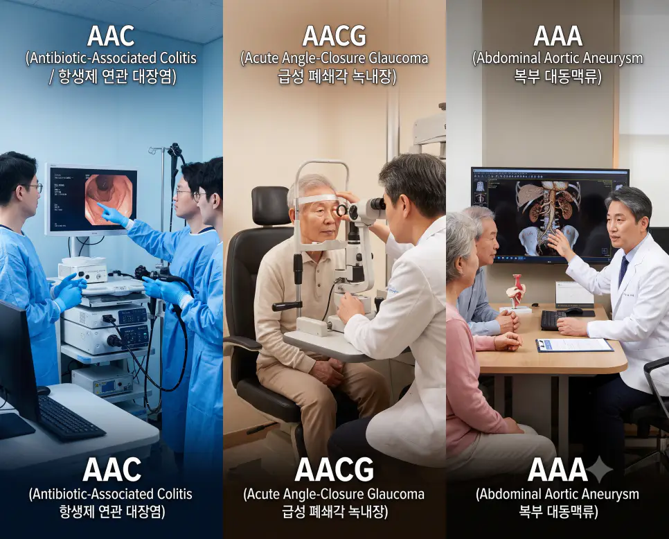 내시경실 AAC 판독, 안과 암실 AACG 슬릿램프 검진, 하이브리드 수술실 AAA 조영술 분석을 3분할 파노라마 구도로 구성한 극실사 의학 약어 포스터