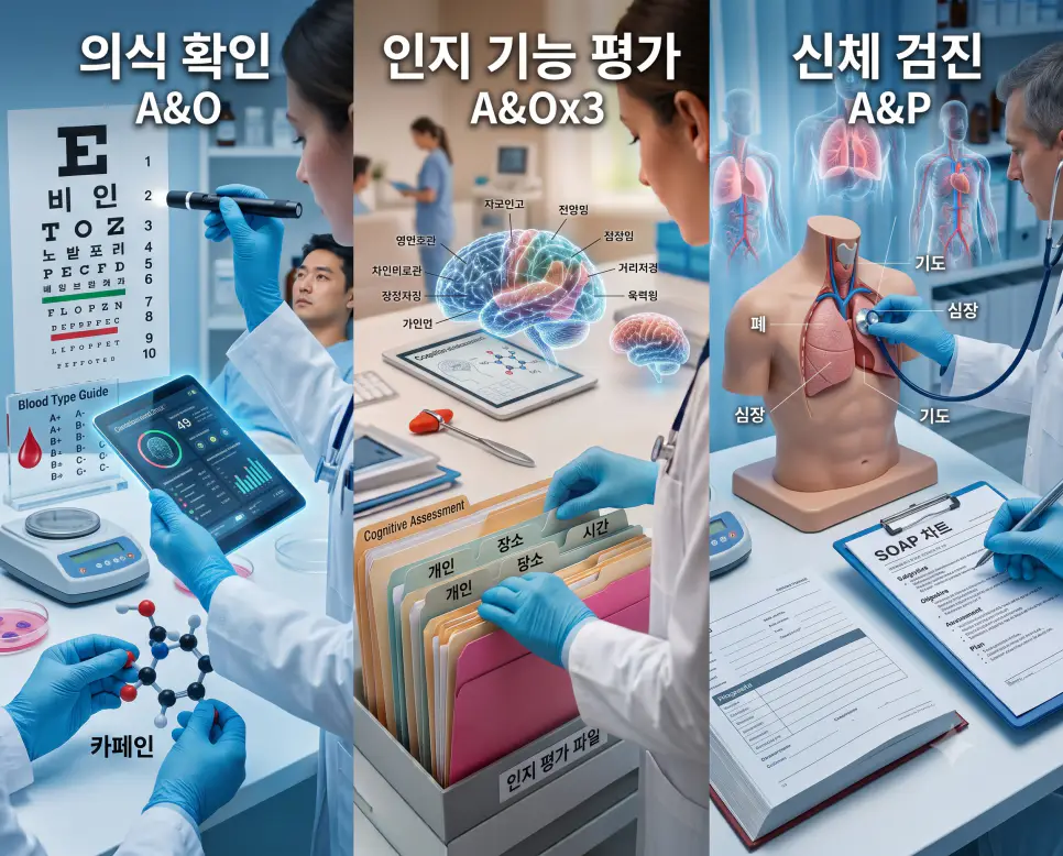 한국인 의료진의 의식 진찰, 지남력 평가, 흉부 청진 신체검진을 3분할 파노라마 구도로 구성한 극실사 의학 약어 포스터