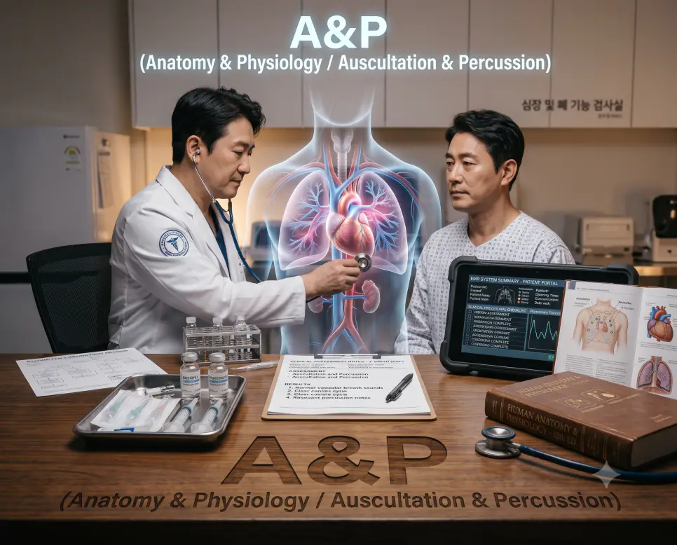 한국인 여의사가 어르신 환자의 사람, 장소, 시간 3대 지남력을 검사하며 진단 화면에 "A&Ox3 (Person, Place, Time / 3대 지남력 정상)" 텍스트가 표시된 극실사 신경학 이미지