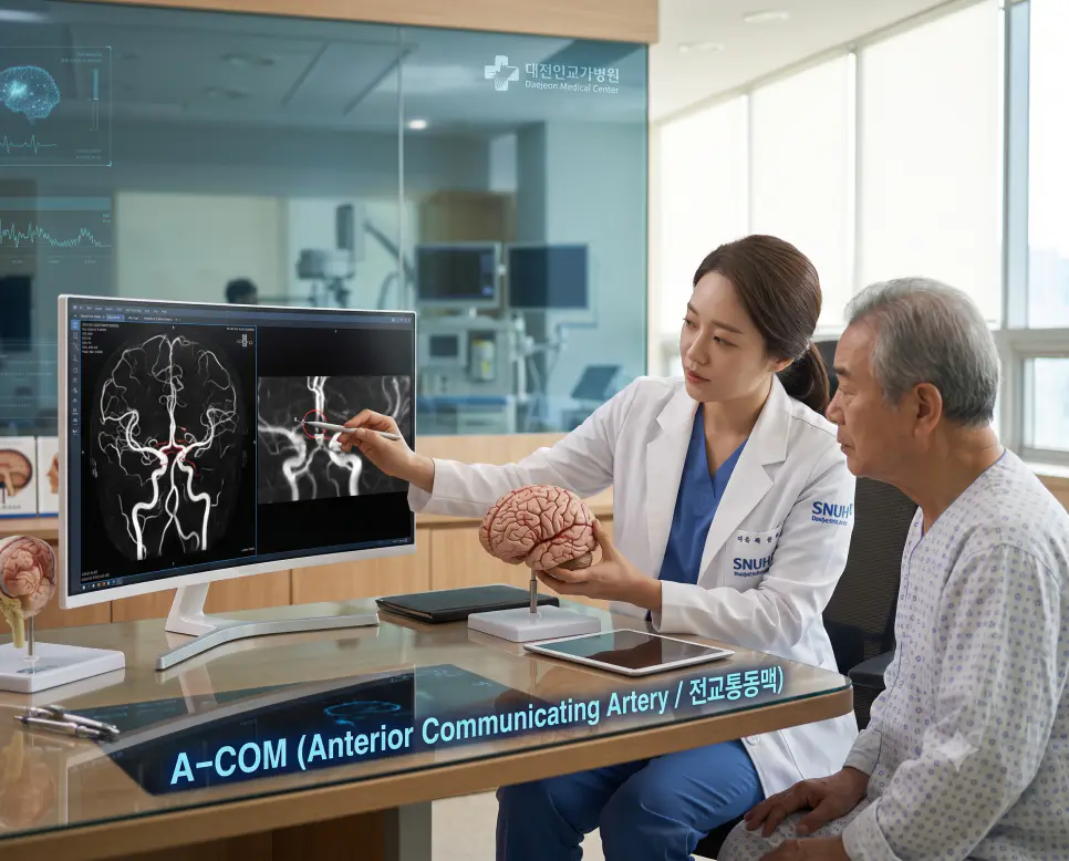 한국인 신경외과 의사가 3D 뇌혈관 MRA 화면을 환자에게 설명하며 진단 인터페이스에 "A-COM (Anterior Communicating Artery / 전교통동맥)" 텍스트가 표시된 극실사 뇌혈관 진단 이미지