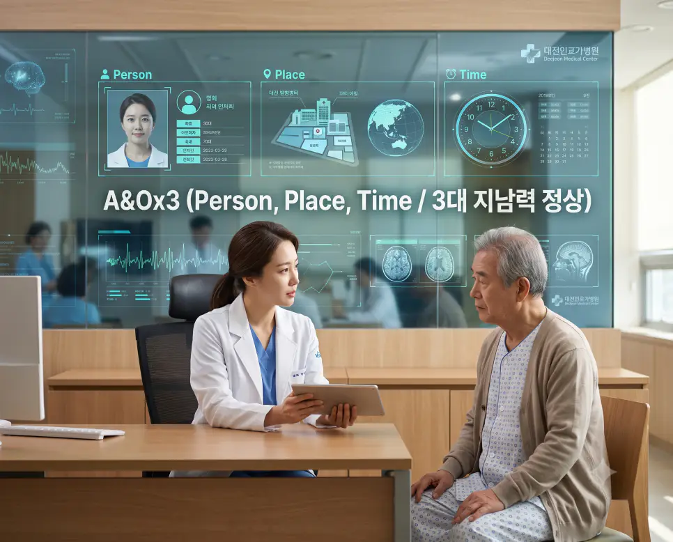 한국인 여의사가 어르신 환자의 사람, 장소, 시간 3대 지남력을 검사하며 진단 화면에 "A&Ox3 (Person, Place, Time / 3대 지남력 정상)" 텍스트가 표시된 극실사 신경학 이미지