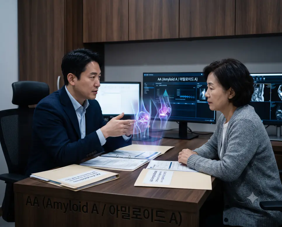 한국인 류마티스내과 의사가 관절 스캔 화면을 환자에게 설명하며 진료 테이블 표면에 "AA (Amyloid A / 아밀로이드 A)" 텍스트가 어우러진 극실사 의학 사진