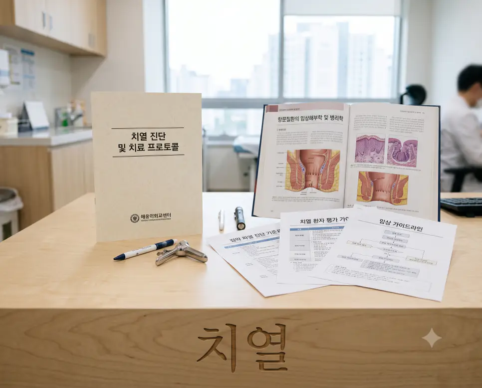 항문 점막 열상 진단 기준 다이어그램과 검사 서류가 놓인 진료실 책상 표면에 "치열" 한글이 각인된 모습을 촬영한 극실사 의학 이미지