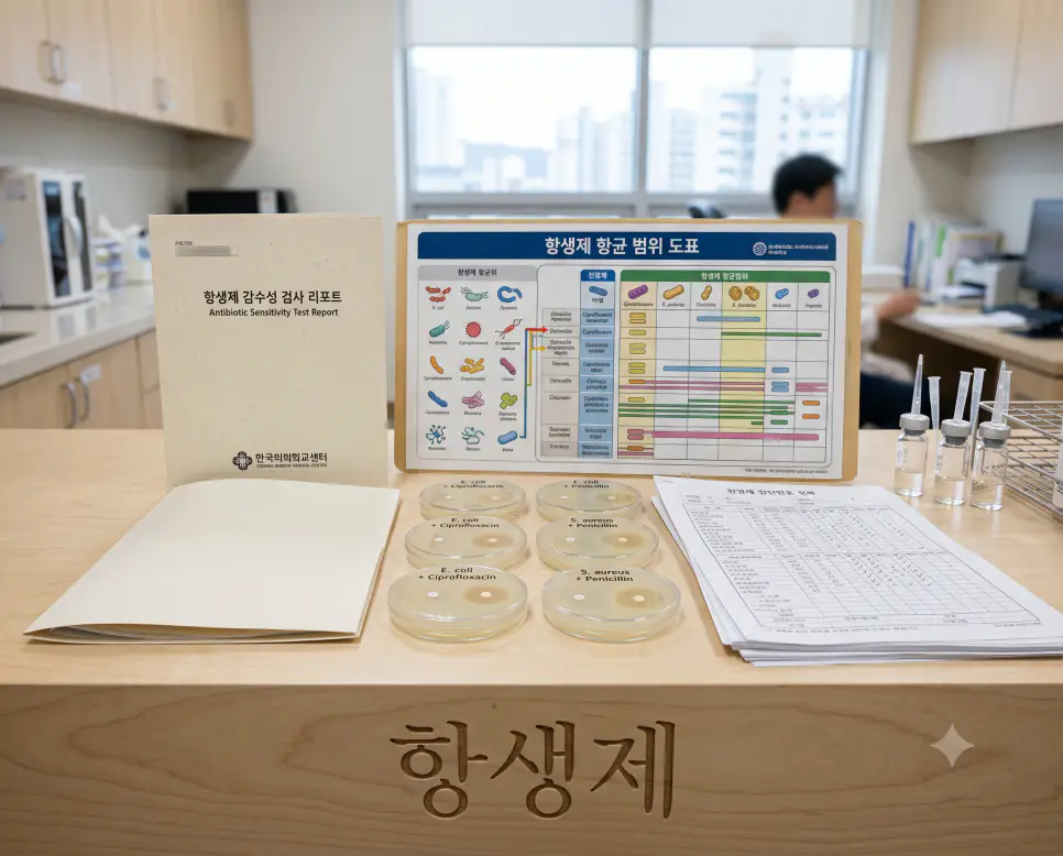 세균 억제환이 형성된 배양 접시와 항생제 감수성 검사 서류가 놓인 연구실 책상 표면에 "항생제" 한글이 각인된 모습을 촬영한 극실사 미생물학 이미지