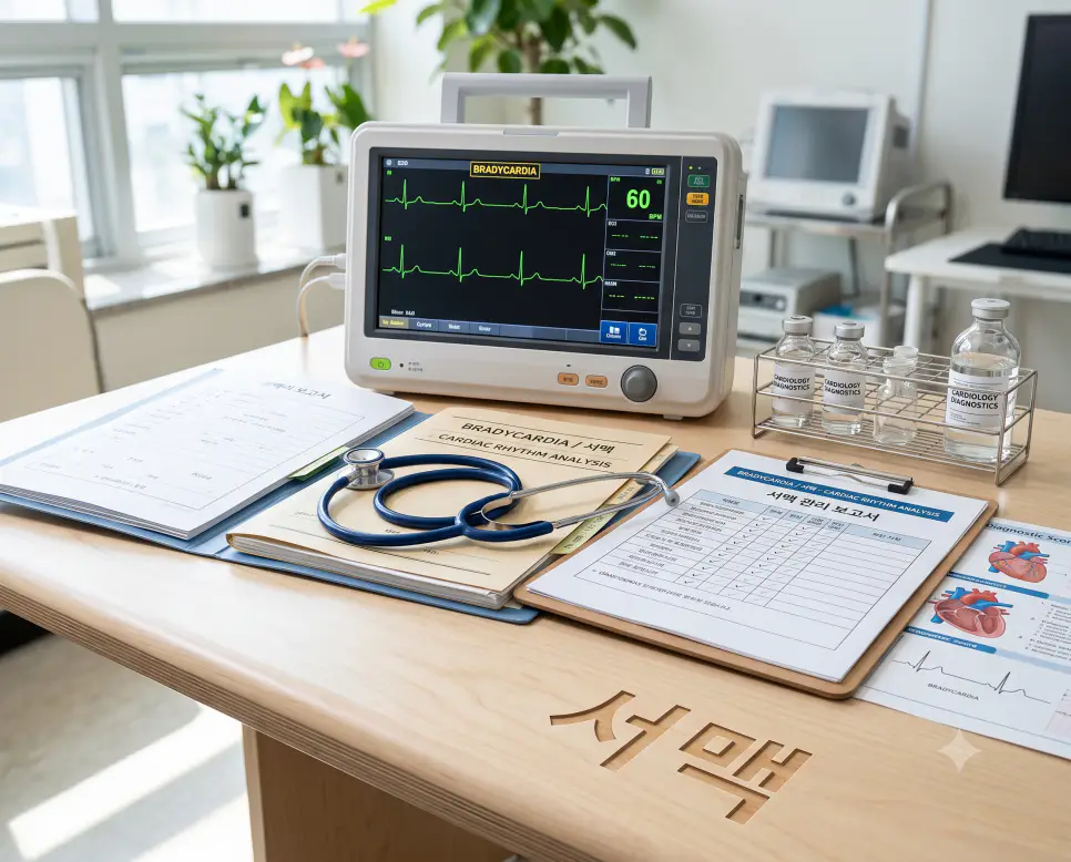 분당 60회 미만의 느린 심박 그래프를 표시하는 ECG 모니터와 청진기가 놓인 진단 책상 표면에 "서맥" 한글이 각인된 모습을 촬영한 극실사 의학 이미지