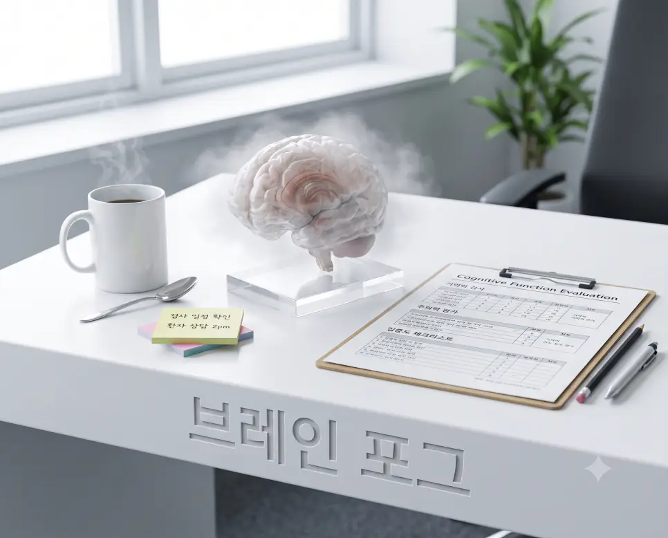 인지 기능 저하 상태를 상징하는 안개 낀 뇌 모형과 인지 검사 서류가 놓인 책상 표면에 "브레인 포그" 한글이 각인된 모습을 촬영한 극실사 이미지