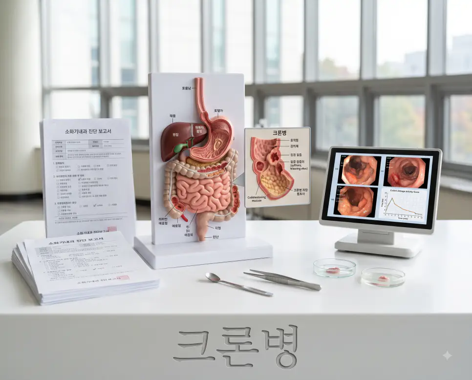 소화기 질환 진단을 위한 해부학적 다이어그램과 평가 서류가 놓인 진료 책상 표면에 "크론병" 한글이 각인된 모습을 담은 극실사 의학 이미지