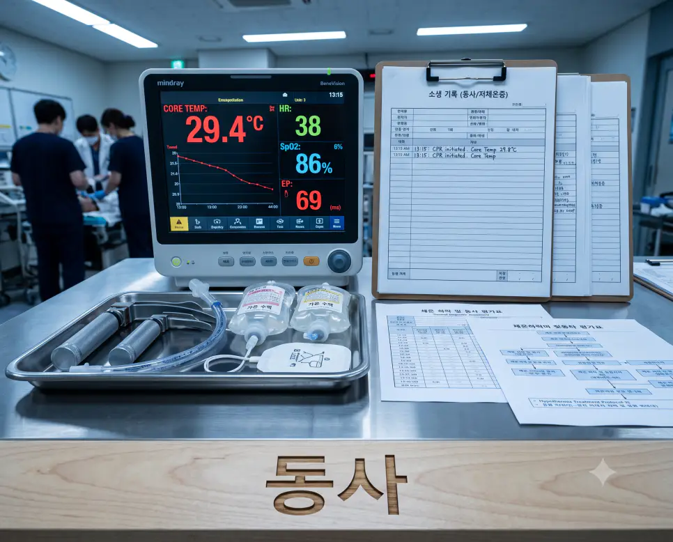 심부 체온 저하를 표시하는 중환자 모니터와 응급 진료 기록지가 놓인 책상 표면에 "동사" 한글이 각인된 모습을 촬영한 극실사 의학 이미지