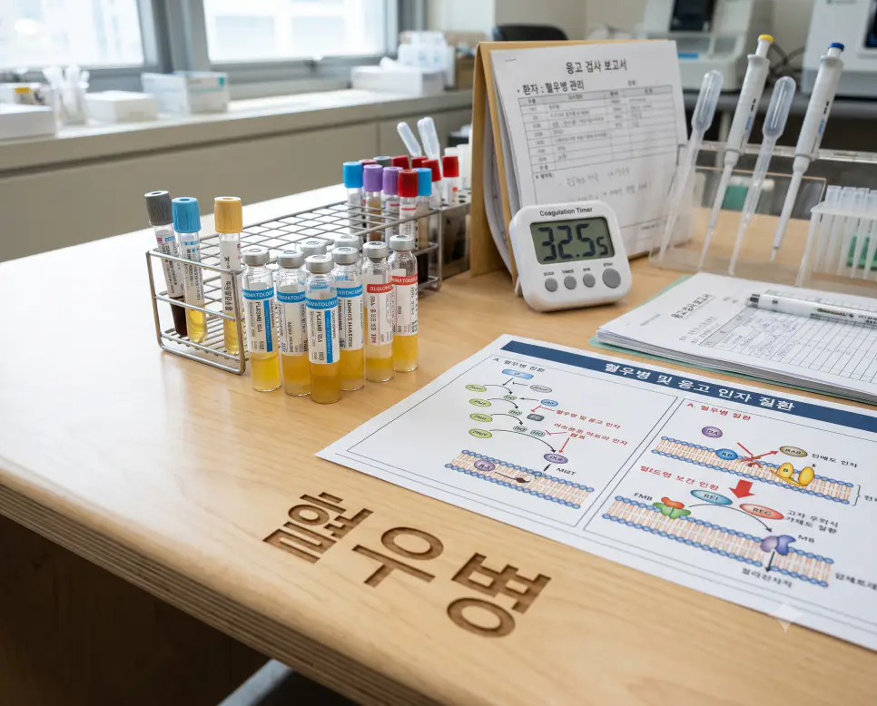 혈액 응고 인자 검사용 바이알과 차트가 놓인 책상 표면에 "혈우병" 한글이 각인된 모습을 촬영한 극실사 의학 진단 이미지