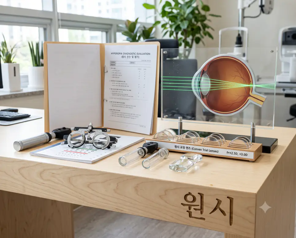 망막 뒤쪽에 맺히는 평행광선 초점 도표와 볼록 렌즈 광학 도구가 놓인 진료실 책상 표면에 "원시" 한글이 각인된 모습을 촬영한 극실사 검안 이미지