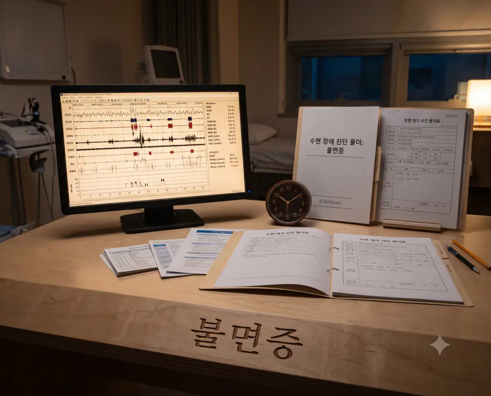 수면다원검사 뇌파 그래프를 표시하는 모니터와 수면 진단 기록지가 놓인 책상 표면에 "불면증" 한글이 각인된 모습을 촬영한 극실사 수면의학 이미지