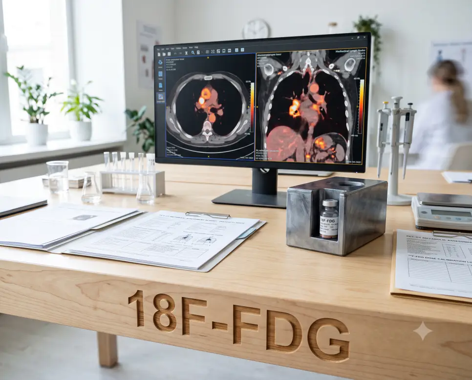 포도당 대사 종양 추적 PET-CT 스캔 화면과 차폐 바이알이 놓인 책상 표면에 의학 약어 "18F-FDG" 텍스트가 선명하게 각인된 모습을 촬영한 극실사 핵의학 이미지
