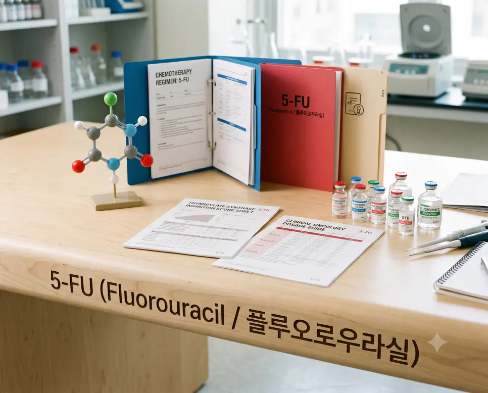 피리미딘 유사체 항암제 분자 구조 모형과 항암 화학요법 차트가 놓인 책상 표면에 "5-FU (Fluorouracil / 플루오로우라실)" 텍스트가 선명하게 각인된 모습을 촬영한 극실사 종양학 이미지