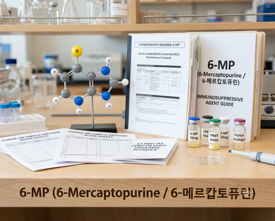 6-메르캅토퓨린 화학 구조 모형과 항암 화학요법 차트가 놓인 책상 표면에 "6-MP (6-Mercaptopurine / 6-메르캅토퓨린)" 텍스트가 선명하게 각인된 모습을 촬영한 극실사 혈액종양학 이미지