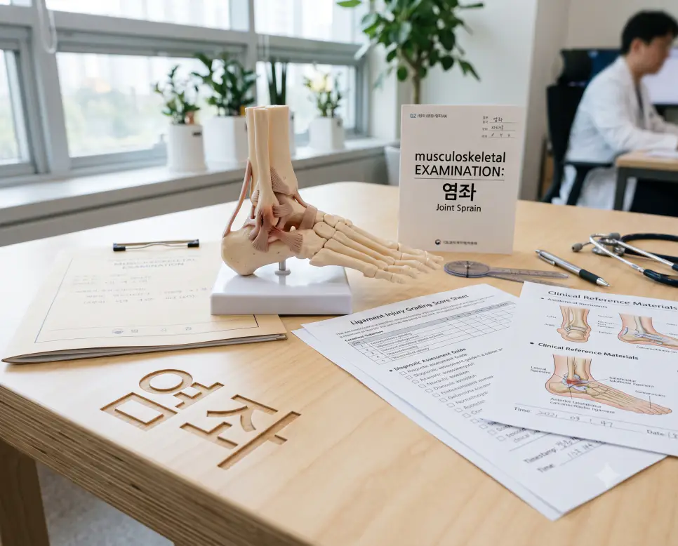 발목 관절 인대 해부학 모형과 진단 평가 서류가 놓인 진료실 책상 표면에 "염좌" 한글이 각인된 모습을 촬영한 극실사 의학 이미지