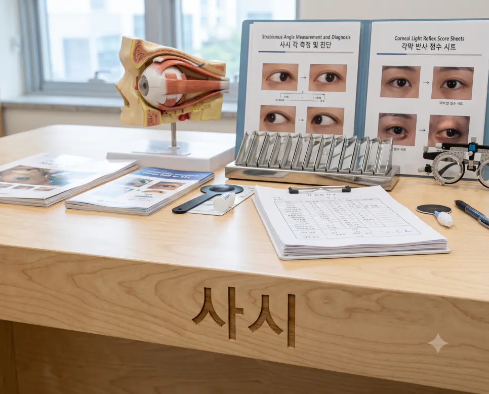 외안근 해부학 모형과 사시각 측정 프리즘 바가 놓인 책상 표면에 "사시" 한글이 각인된 모습을 촬영한 극실사 안과 진단 이미지